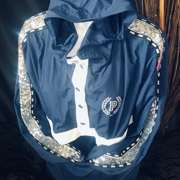 Victoria Secret Pink Windbreaker Bling Anorak Hoodie Jacket Coat Sequence New M - Picture 3 of 14